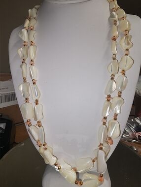 Vintage Mother Of Pearl And Pink Coral Two Strand Necklace